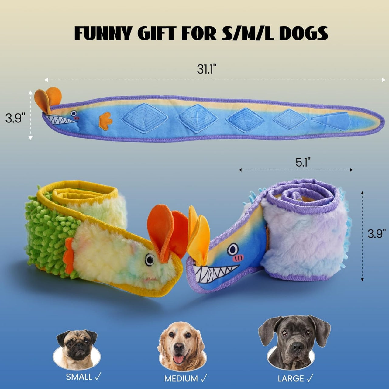 No Stuffing Eel Crinkle Dog Squeaky Toys - Durable Dog Toys for Tug of War (2pk)