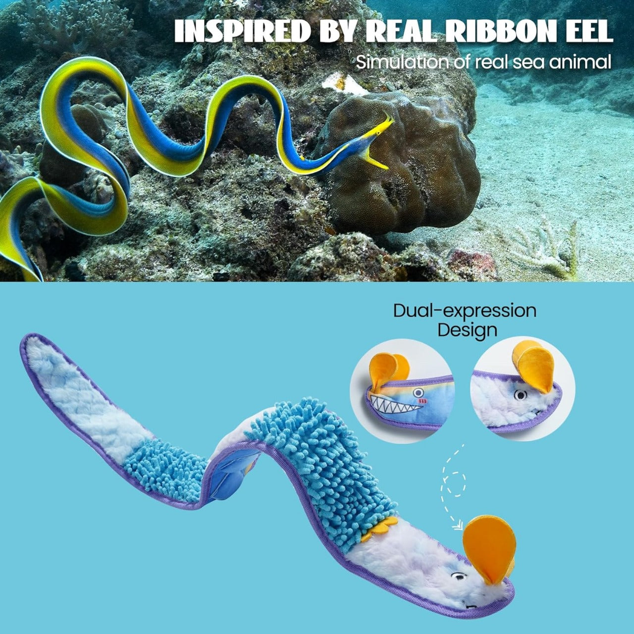 No Stuffing Eel Crinkle Dog Squeaky Toys - Durable Dog Toys for Tug of War (2pk)